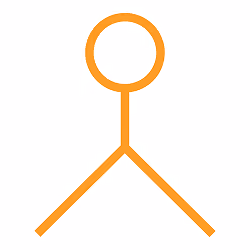 Minimalist orange stick figure with a circle head and two angled lines forming legs on a white background.