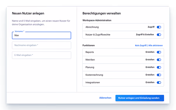 User interface screen for creating a new user with fields for first name filled with 'Max', last name, and email. Permissions management section includes toggles for workspace administration tasks like billing access, user and access rights creation, and functions such as reports, metrics, planning, cost accounting, and integrations. Buttons at bottom for canceling or sending invitation and creating a user.