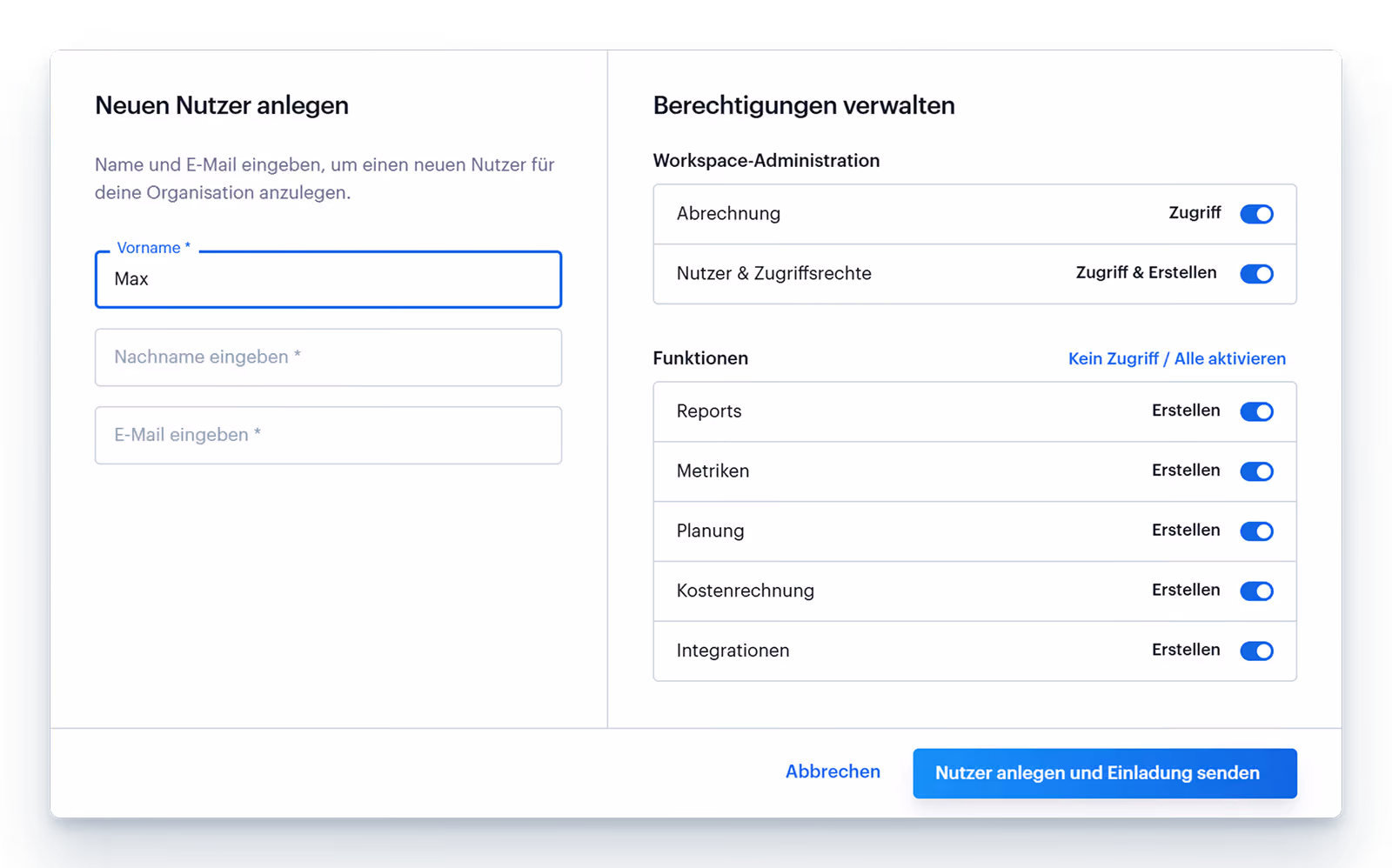 User creation form with fields for first name filled with 'Max', last name, and email input on the left, and permission management on the right with toggles for workspace administration including billing and user access rights, as well as functions like reports, metrics, planning, cost accounting, and integrations, all enabled. Buttons labeled 'Cancel' and 'Create user and send invitation' are at the bottom.