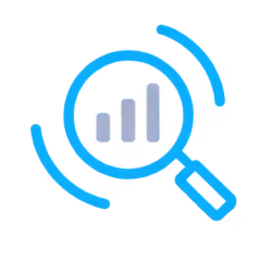 Magnifying glass icon with three ascending vertical bars inside, representing data analysis or growth, surrounded by blue curved lines indicating focus or scanning.