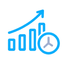 Blue icon showing a bar chart with four ascending bars from left to right and an upward trending arrow above, with a clock symbol overlapping the chart's lower right side.