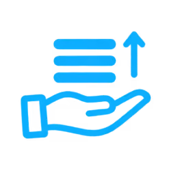 Blue outline of a hand with three horizontal lines above it and an upward-pointing arrow next to the lines, symbolizing growth or increase.