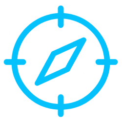 Blue compass icon with a circular outline and a diamond-shaped needle inside, symbolizing navigation or direction.