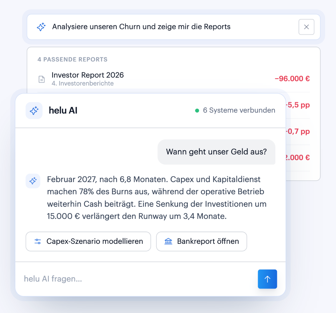 helu AI answers a cash runway question with matching reports