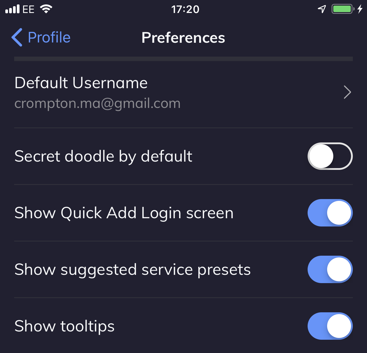 Default username will be injected into any service which does not have a username set and when you first create a new login this will be the default. You can also switch on and off all of the support options.