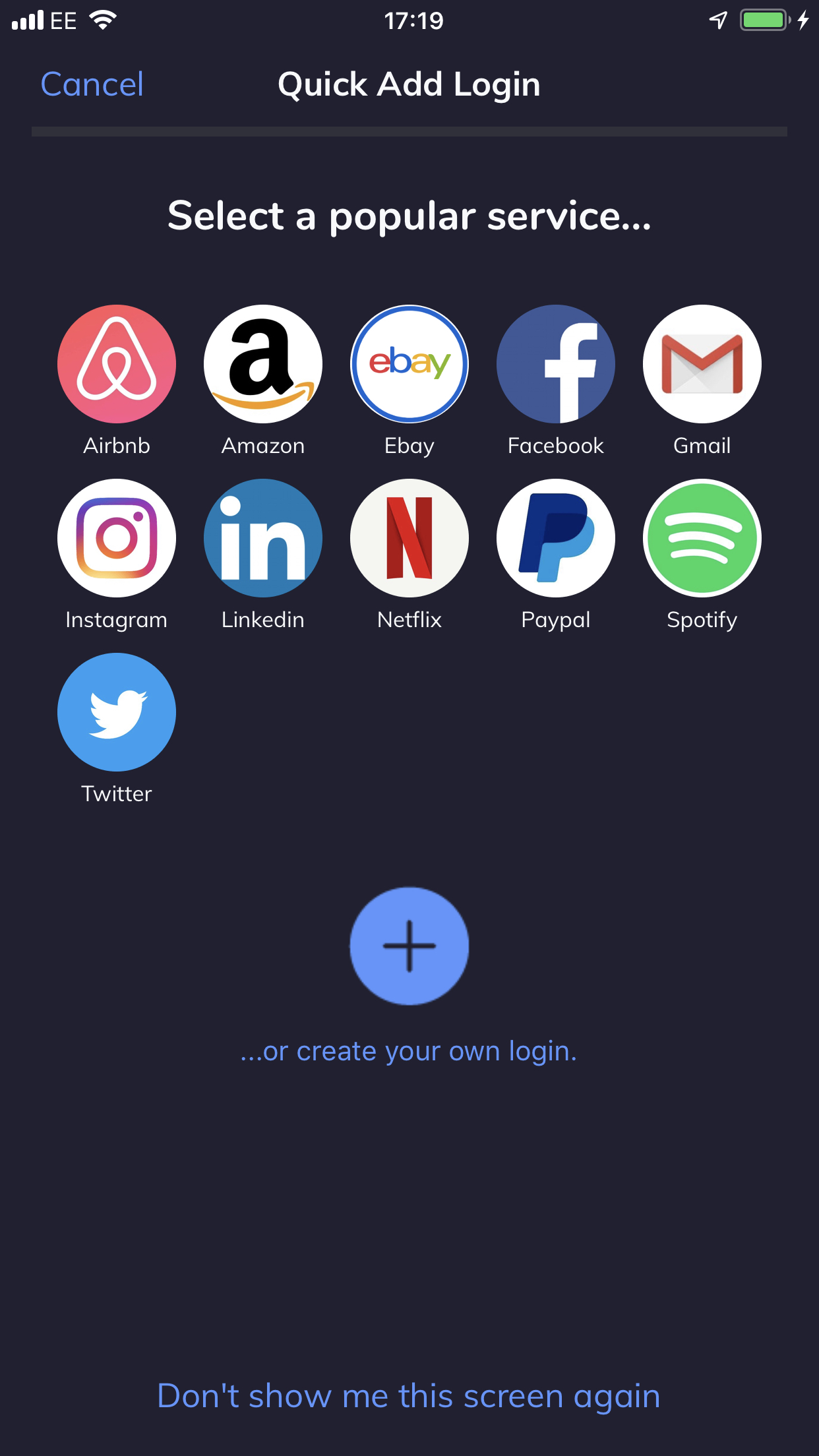 Top 12 services shown on initial launch and thereafter when you click on “add new service”. These are pre-loaded with the name, icon and URL