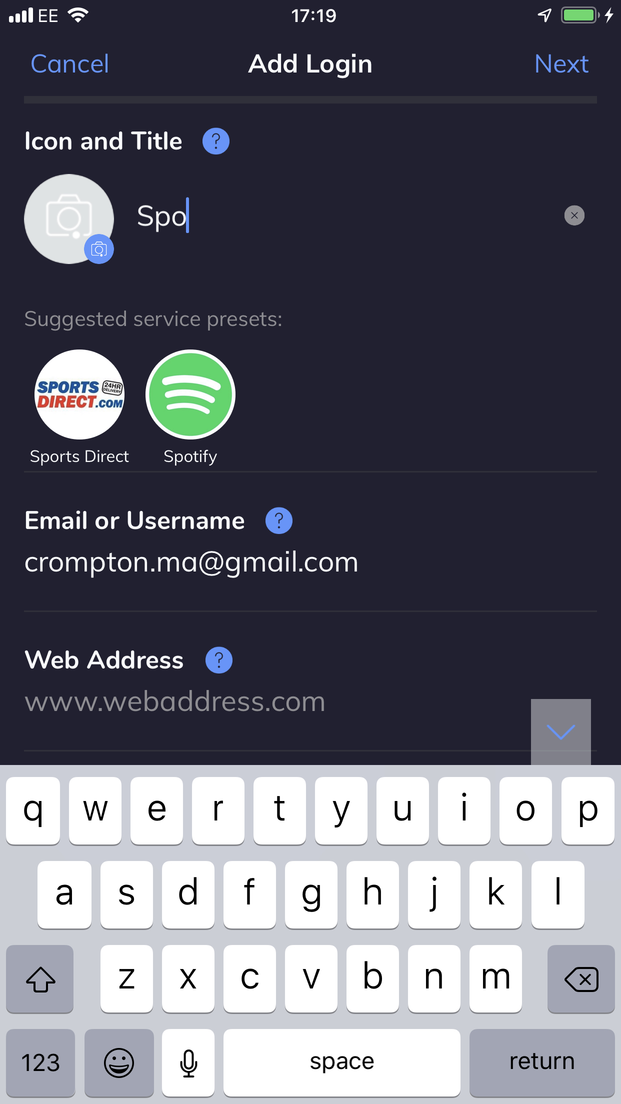 Preset services will be found when the user types the name, then auto filling the URL, the name and the logo.