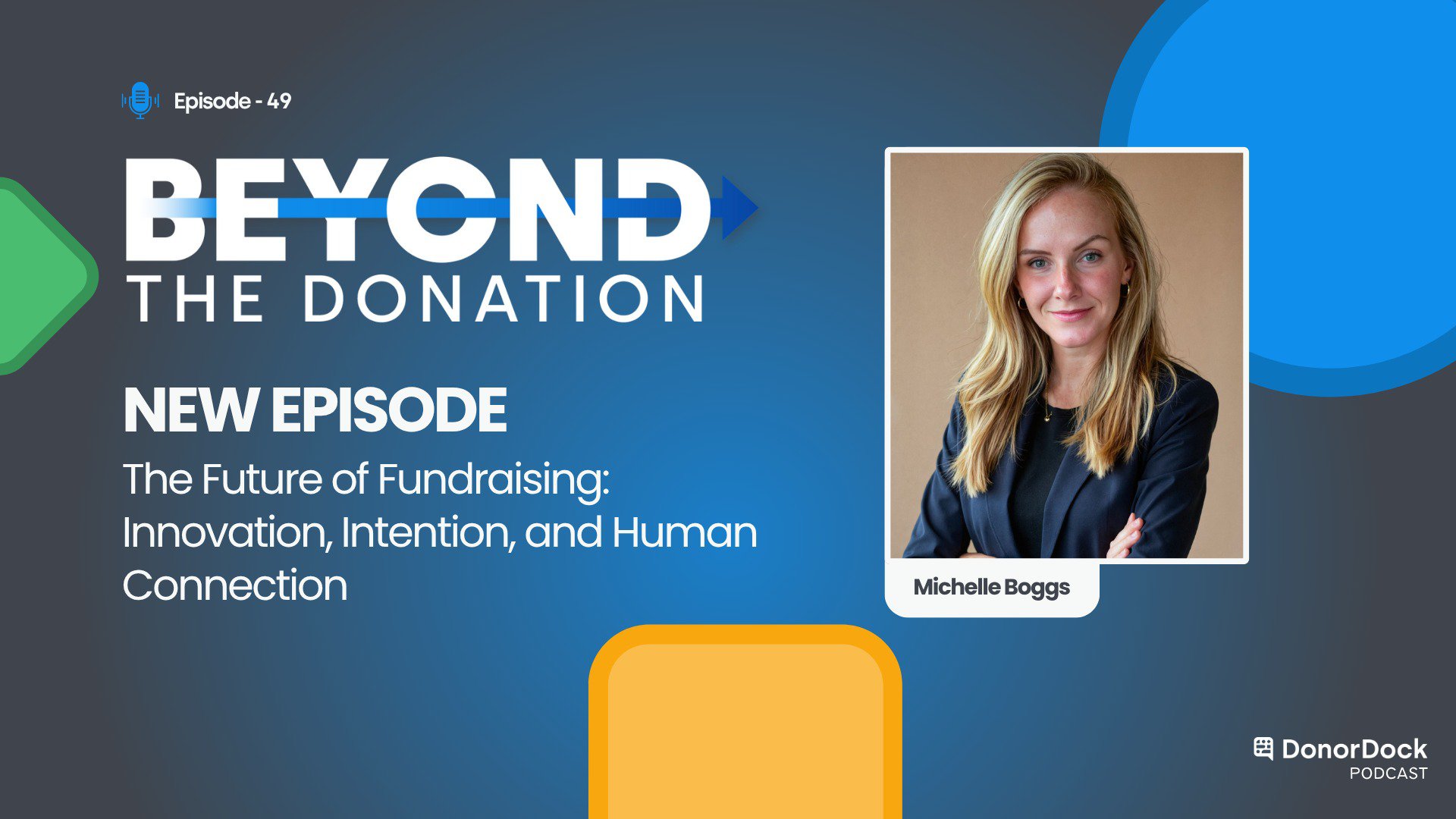 Image of Beyond the Donation Podcast logo with podcast episode 49 and the episode title The Future of Fundraising: Innovation, Intention, and Human Connection and an image of guest Michelle Boggs.