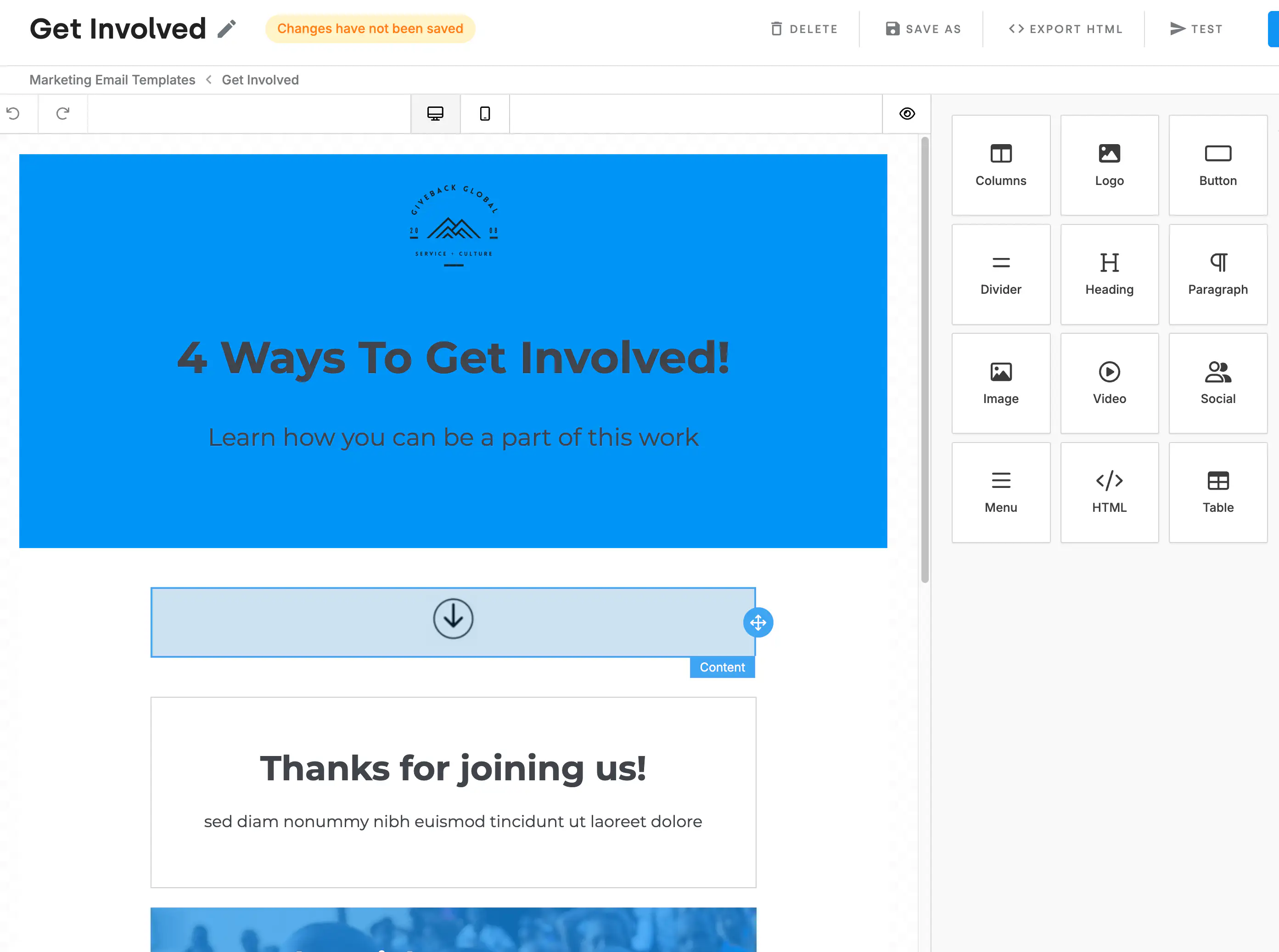 The Templates screen in DonorDock listing an organization's saved email and letter templates organized into folders.
