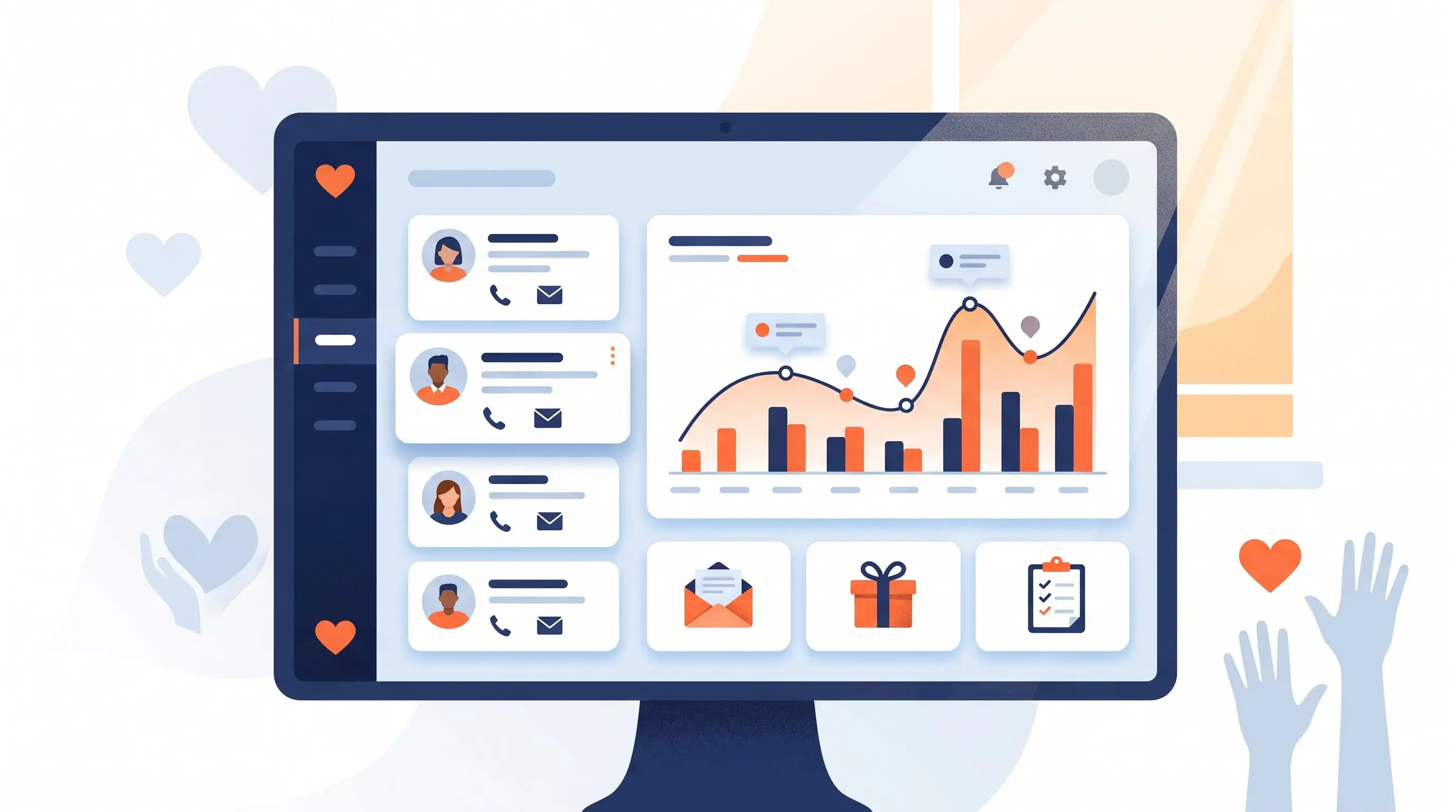 Illustration of a nonprofit CRM dashboard showing donor profiles, giving timeline, and stewardship tasks