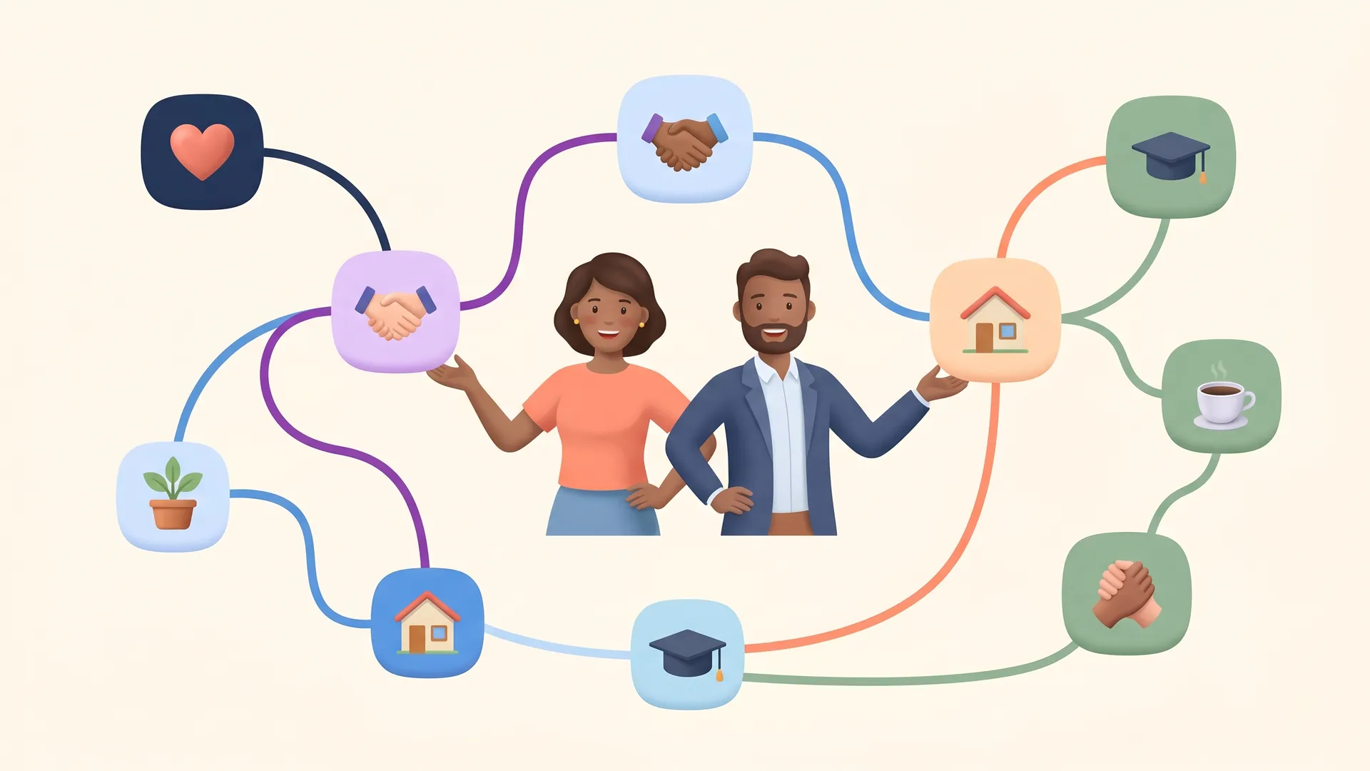 Illustration of a nonprofit fundraising ecosystem with icon-only nodes connected by curving lines representing donors, partners, beneficiaries, and value flows
