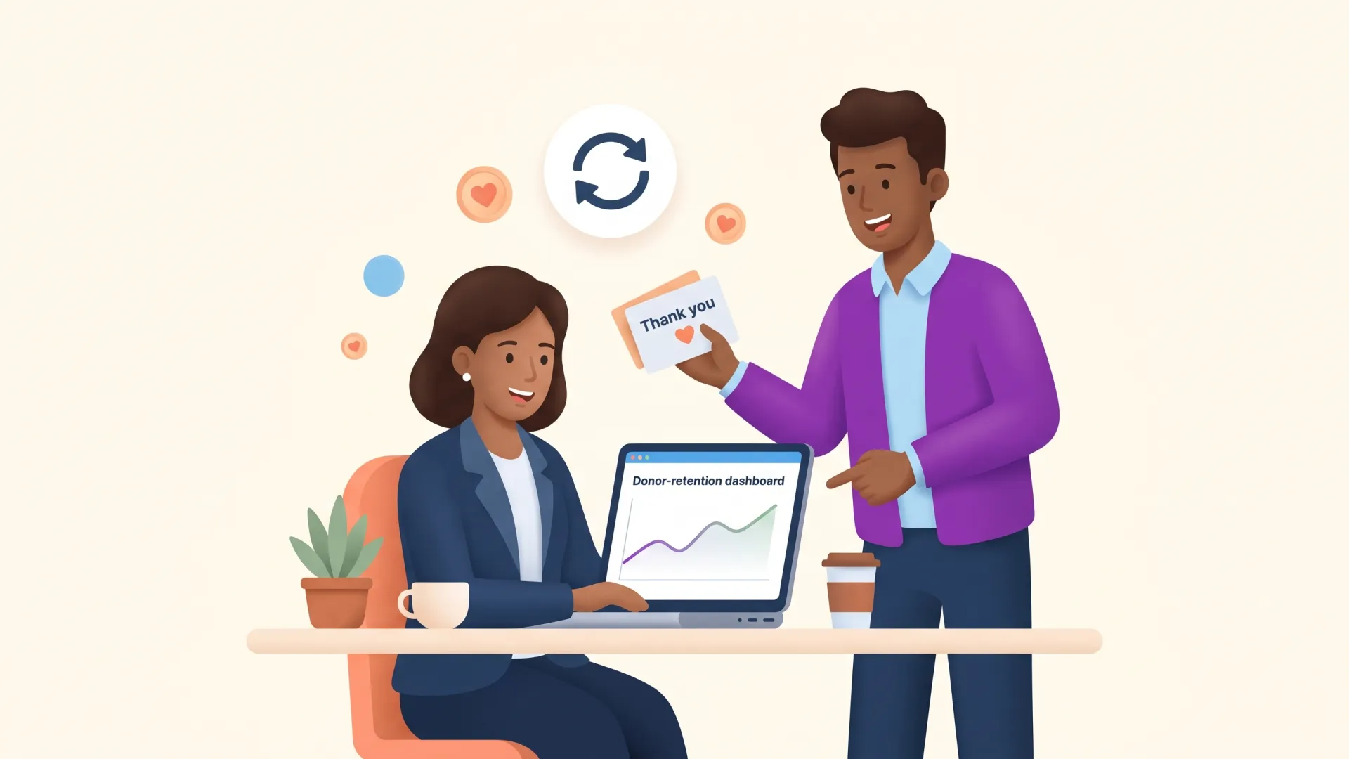 Two diverse nonprofit fundraisers reviewing a donor retention dashboard with a rising chart and a thank-you card, illustrating recurring giving and donor stewardship.