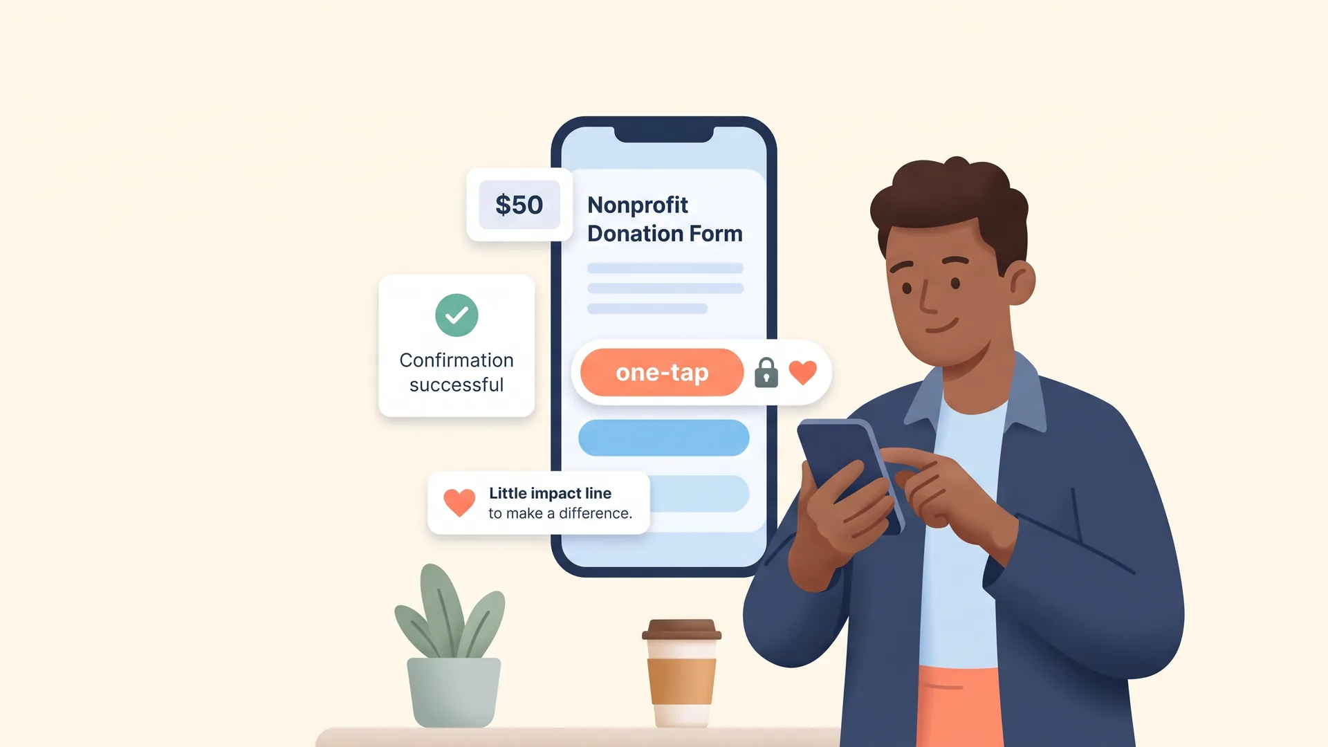 A donor completing a secure one-tap mobile donation on a nonprofit giving form, with a confirmation and impact message