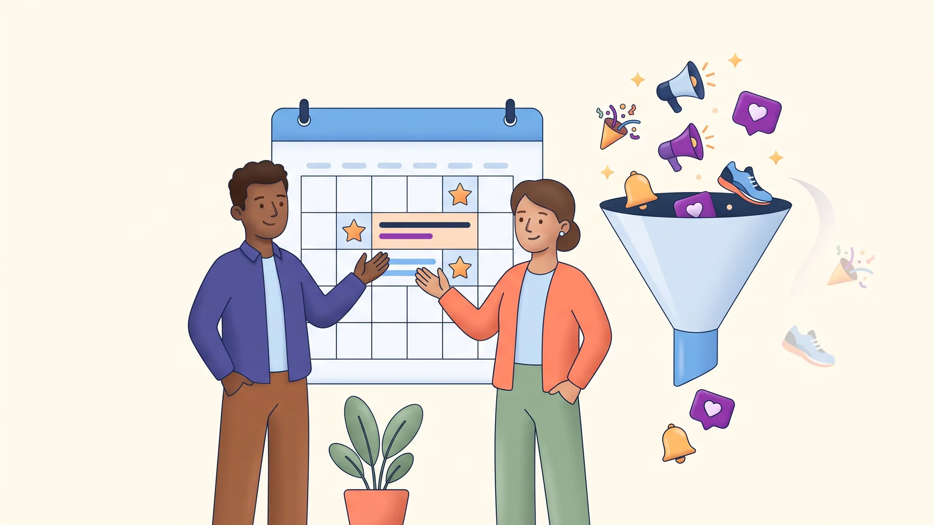 Two nonprofit fundraisers reviewing a one-page annual plan and a funnel that narrows many ideas down to a few starred priorities