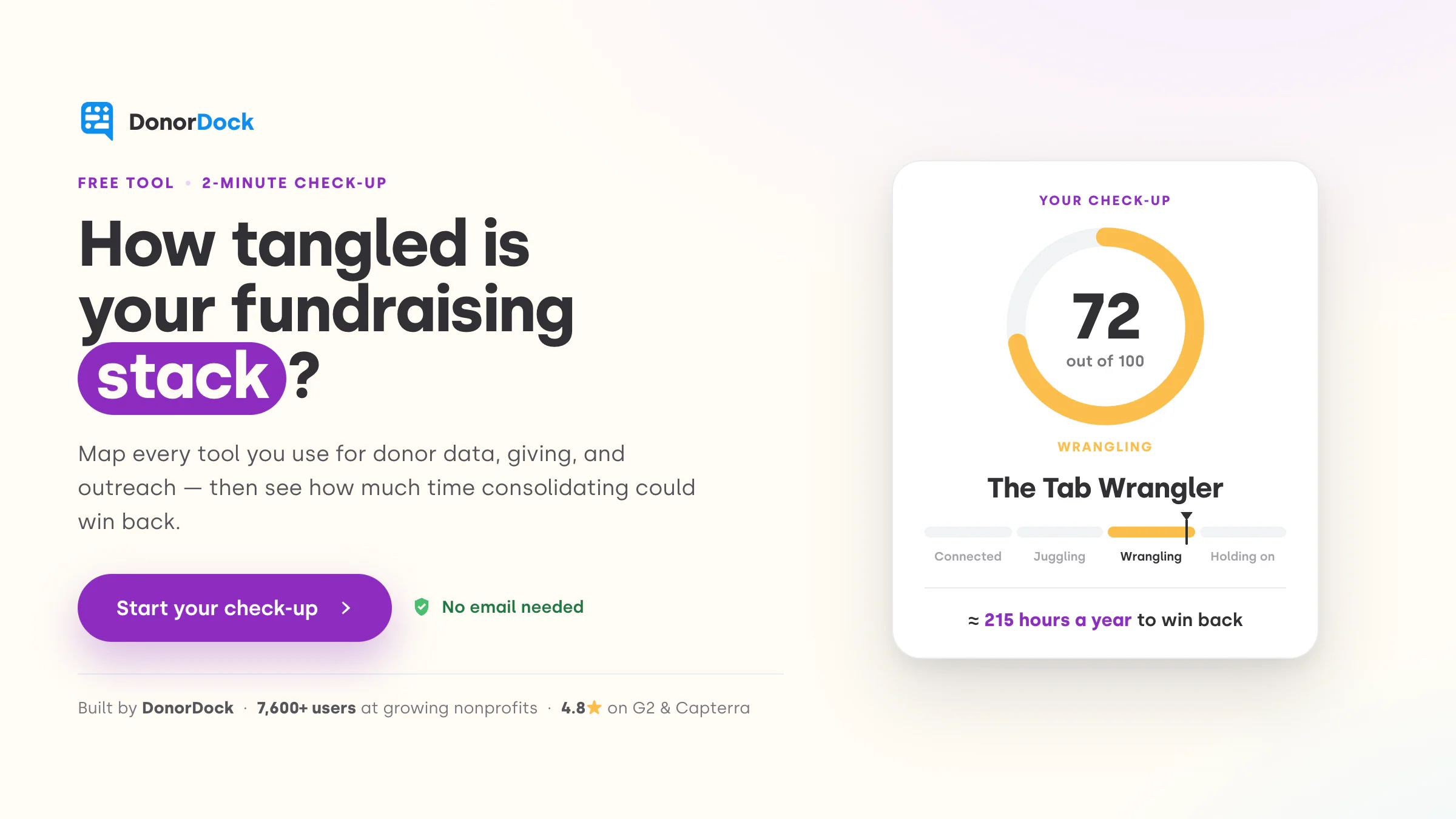 The Stack Untangler quiz result showing a Stack Score of 72 out of 100 and the profile The Tab Wrangler