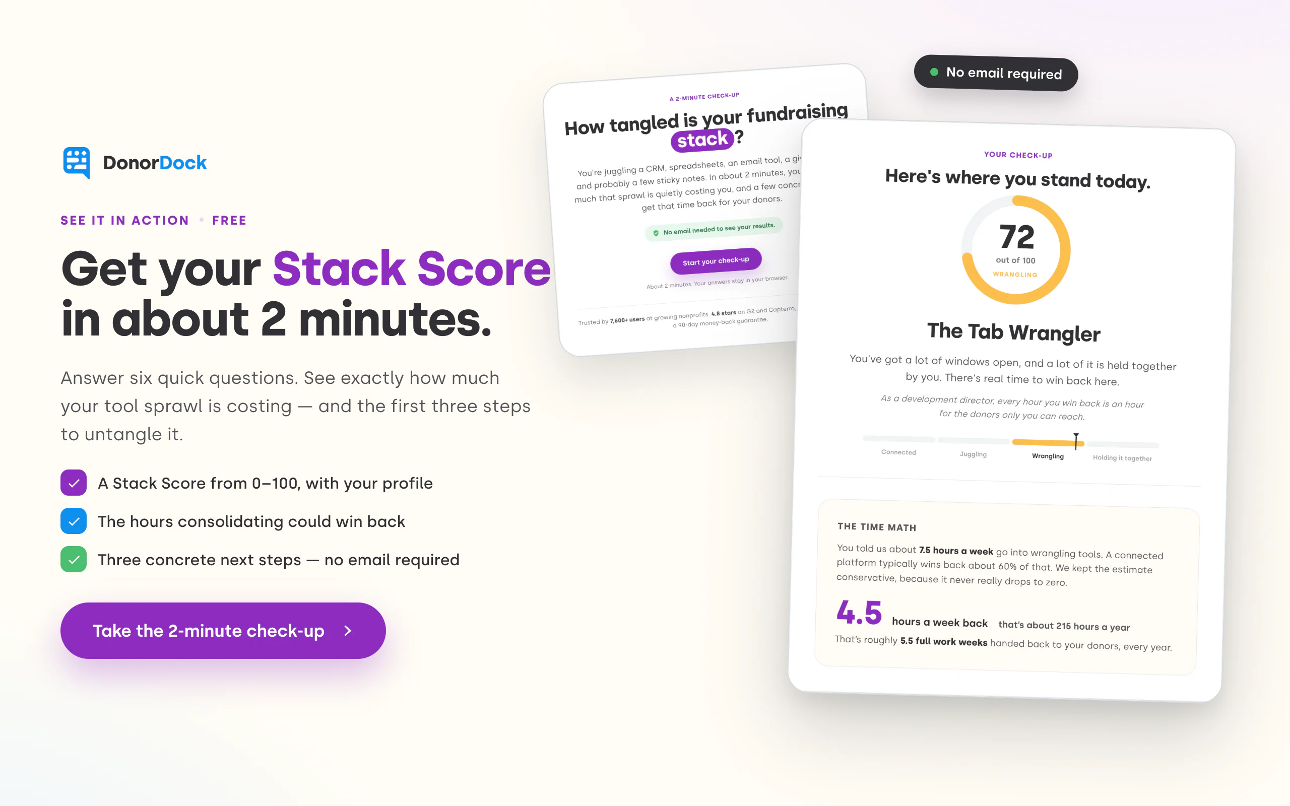 The Stack Untangler nonprofit tool consolidation quiz shown on screen with its score and time-saved results