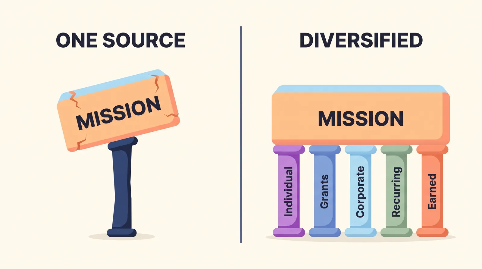A fragile mission resting on one funding source versus a stable mission supported by five diversified streams: individual, grants, corporate, recurring, and earned