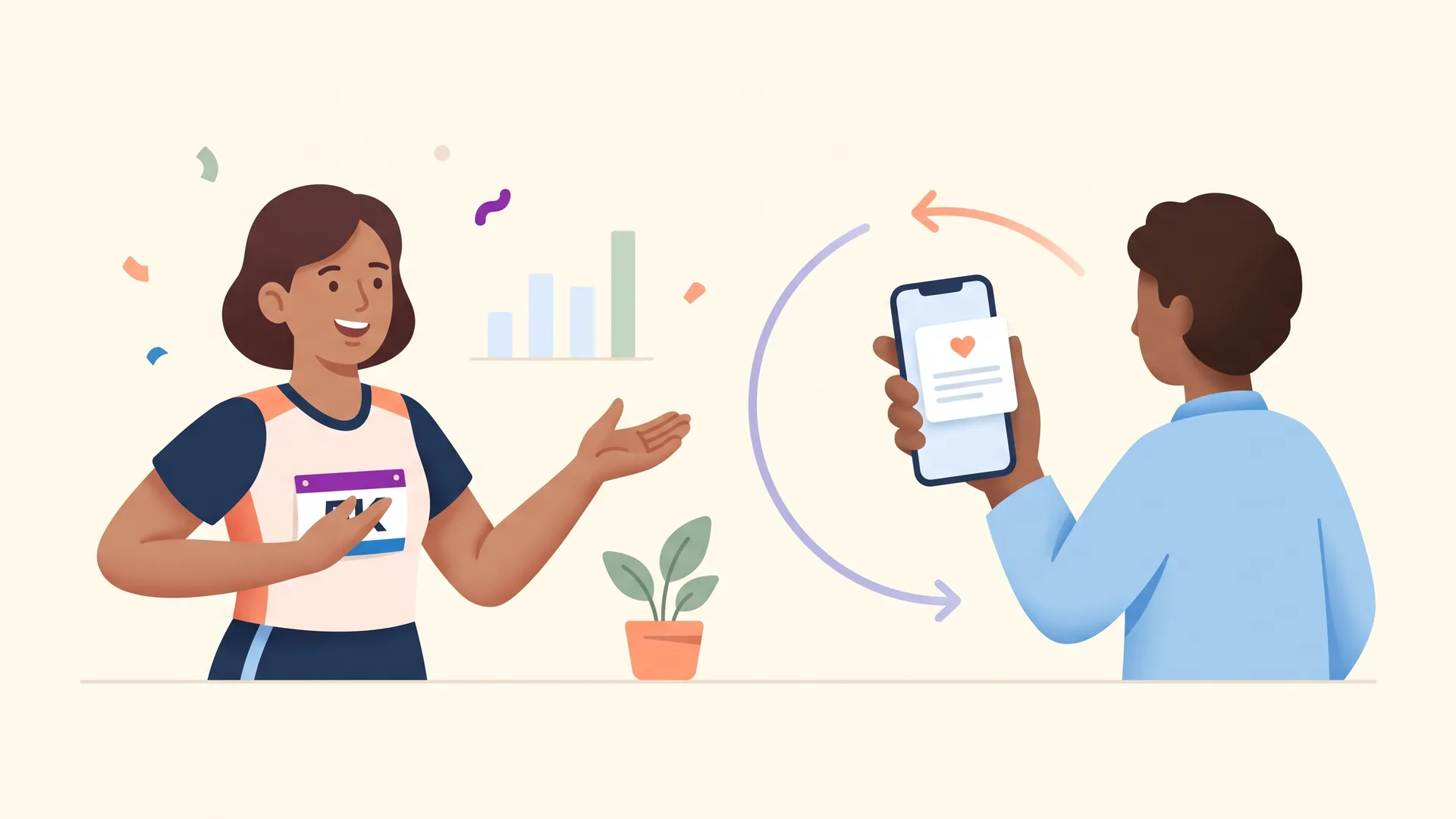 Illustration of a 5K participant asking a friend to give, with a thank-you message on a phone and a loop arrow showing the donor returning