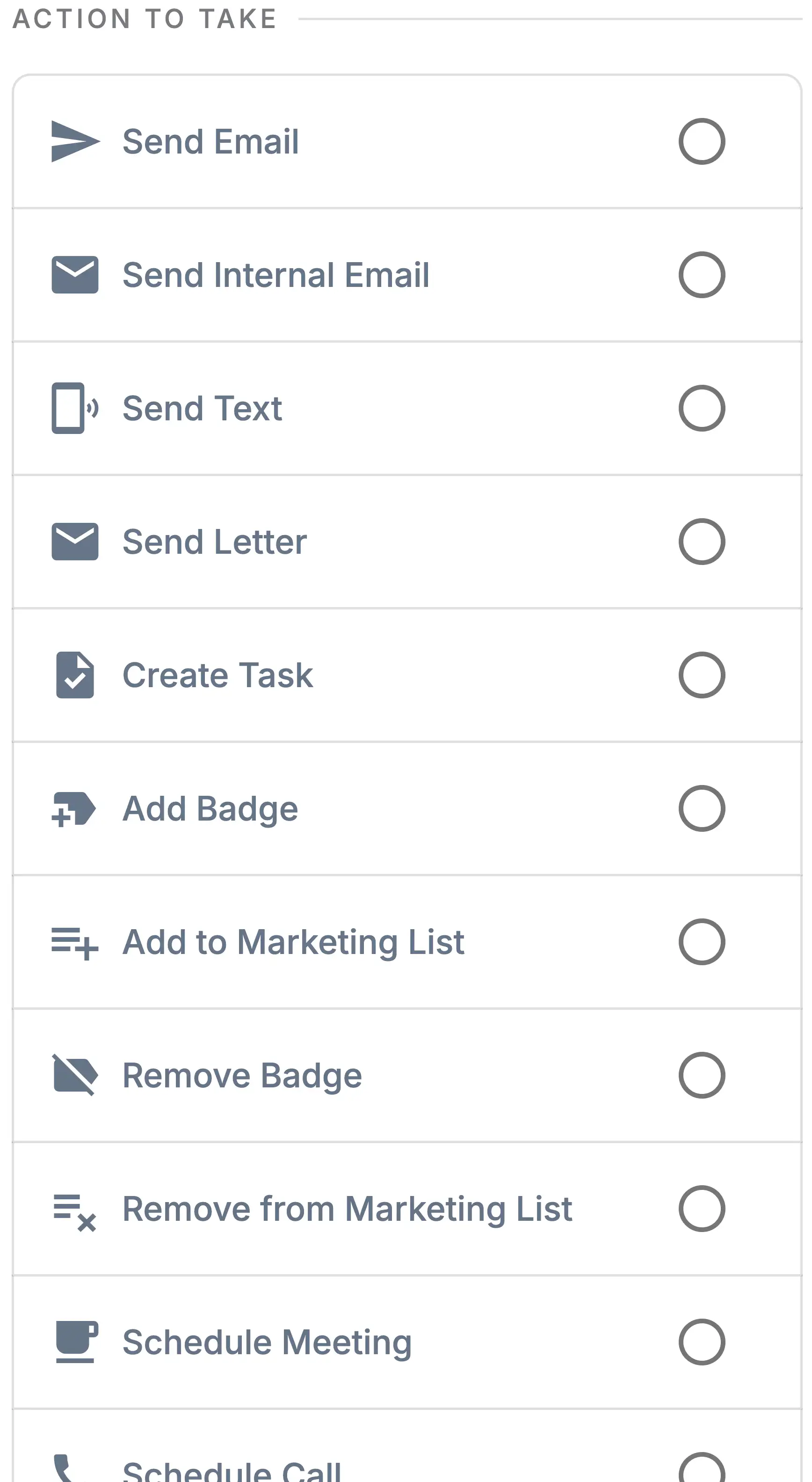 The Action To Take picker in the DonorDock automation builder, listing available step actions: Send Email, Send Internal Email, Send Text, Send Letter, Create Task, Add Badge, Add to Marketing List, Remove Badge, Remove from Marketing List, Schedule Meeting, and Schedule Call.