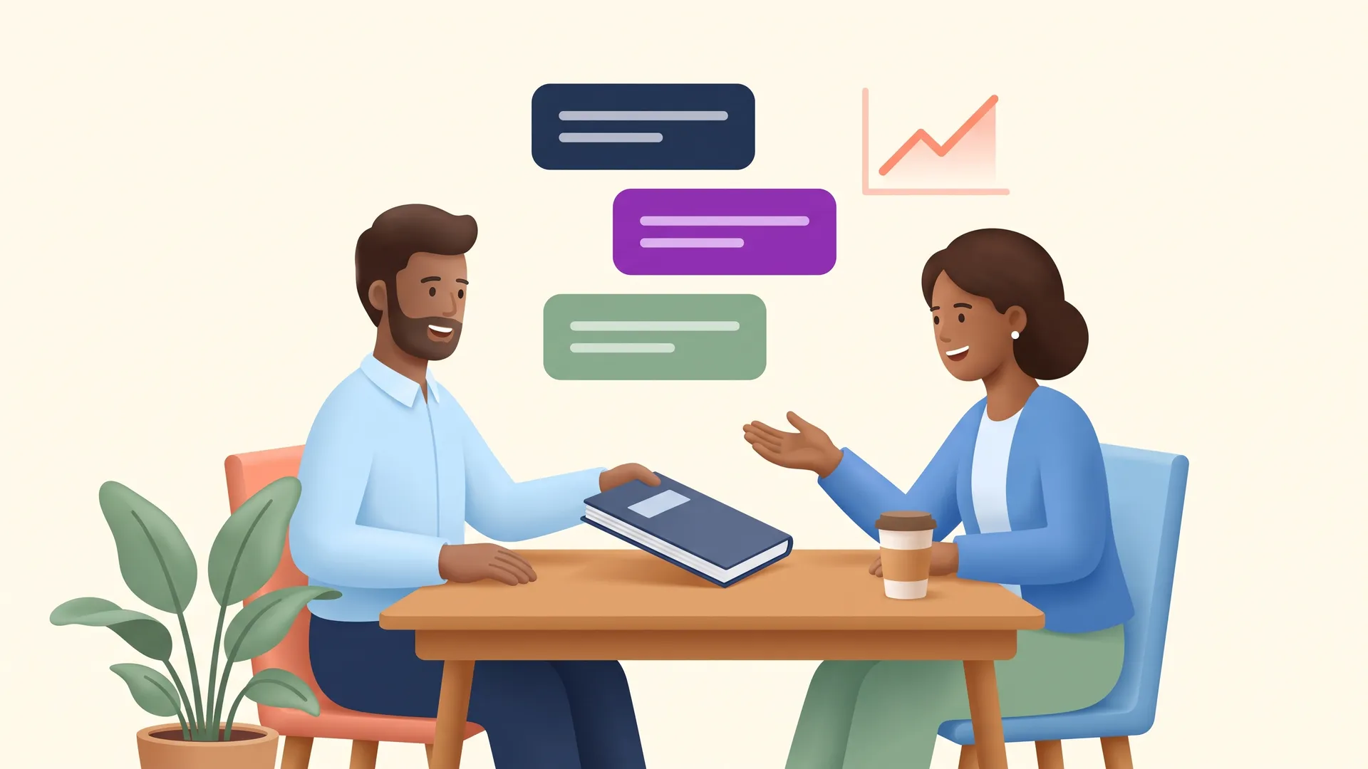 Two nonprofit professionals in conversation across a table, one sliding a strategic plan document toward the other, with priority cards and a rising chart behind them