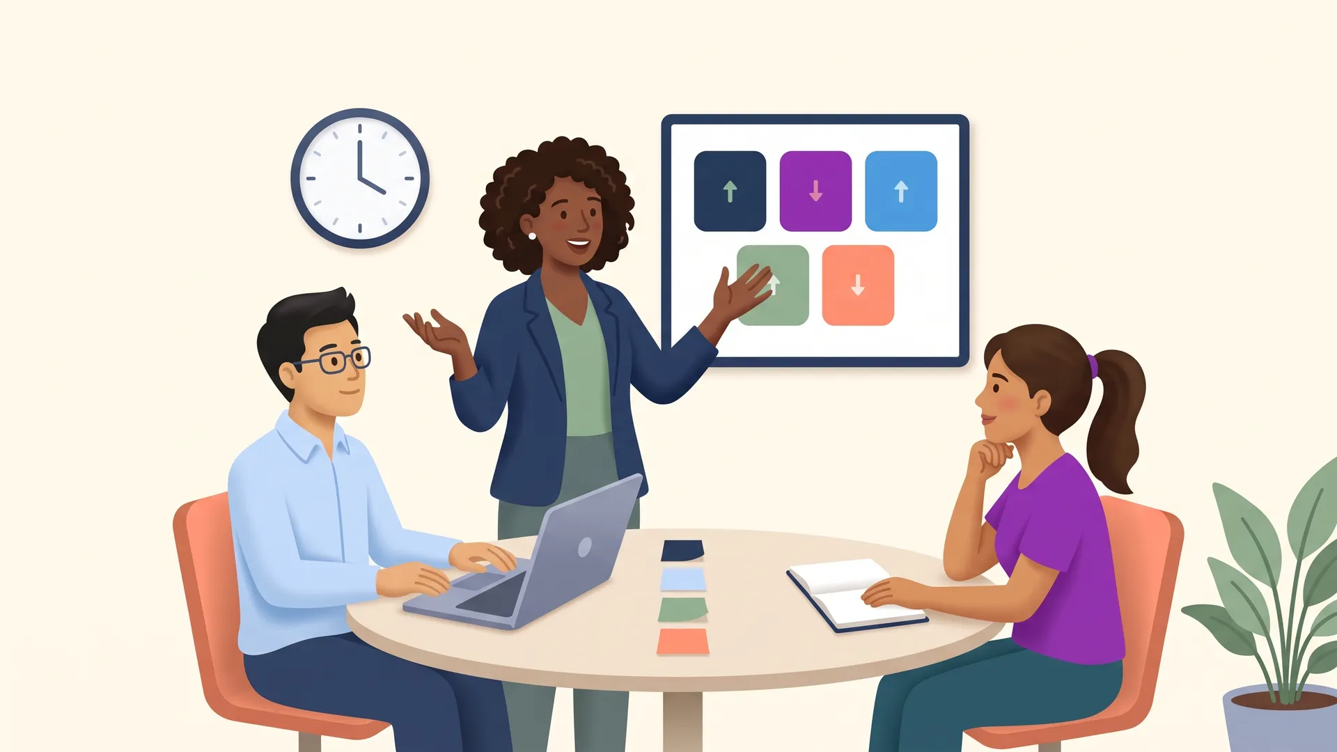 Three nonprofit development team members in a weekly meeting reviewing a five-metric scoreboard on screen with a ranked list of sticky notes on the table