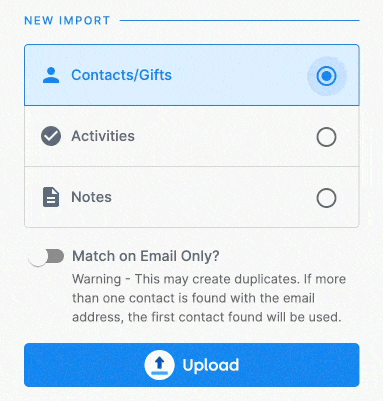 The DonorDock import screen showing the record types available to import, including contacts, gifts, activities, notes, and pledges.