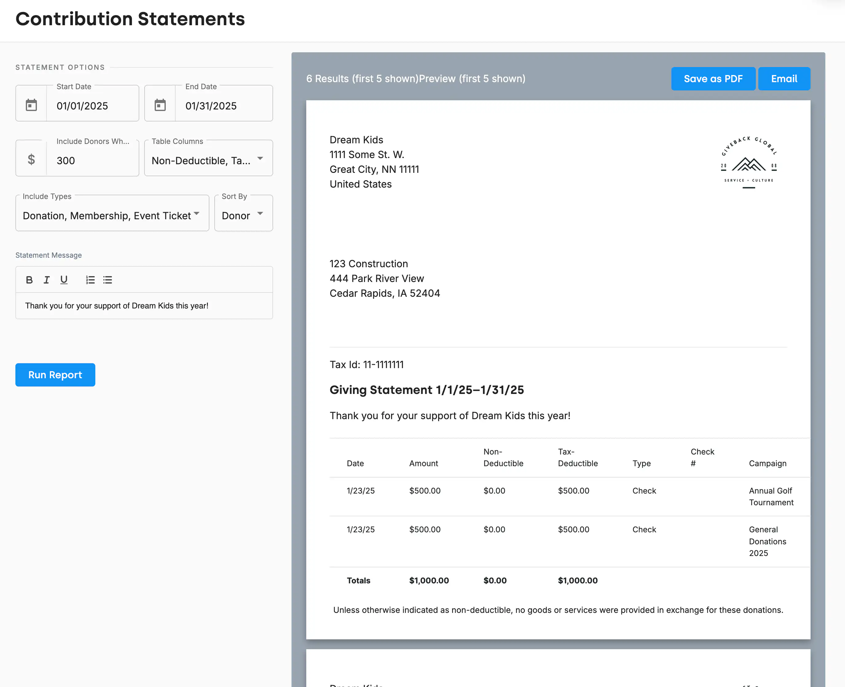 The DonorDock Contribution Statements screen with statement options on the left — date range, minimum gift amount, table columns, gift types, sort order, and a custom message — and a preview of a donor's itemized giving statement on the right with Save as PDF and Email buttons.