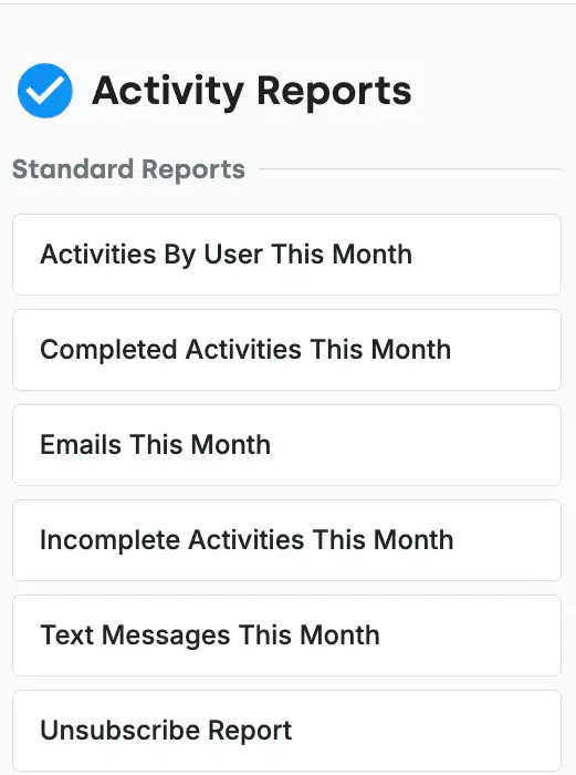 The Contact Reports column in DonorDock listing all twelve standard contact reports, from Active Donors and Lapsed Donors through Second Time Donors This Year.