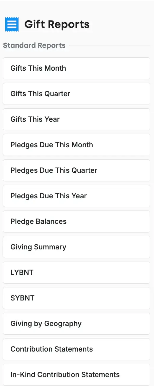 The Statement Options panel in DonorDock with a start and end date, a minimum gift amount, table column choices, the gift types to include, a sort order, and a custom statement message.