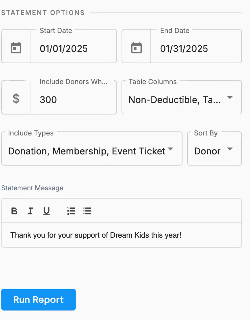 The Statement Options panel in DonorDock with a start and end date, a minimum gift amount, table column choices, the gift types to include, a sort order, and a custom statement message.