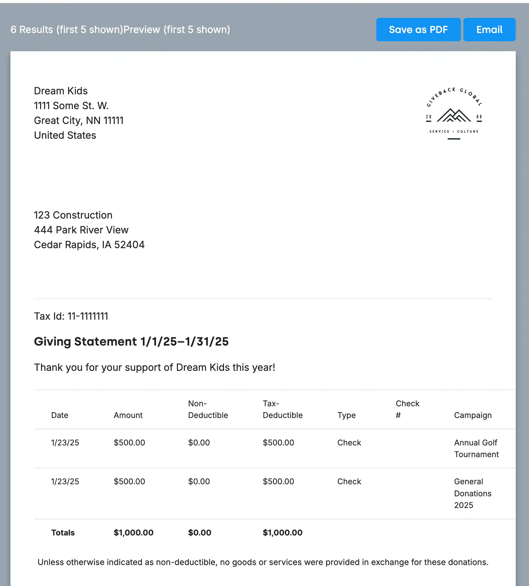 A generated contribution statement showing the organization's logo, address, and tax ID, the donor's mailing address, an itemized gift table with non-deductible and tax-deductible columns, totals, and the goods-or-services disclosure, with Save as PDF and Email buttons above it.