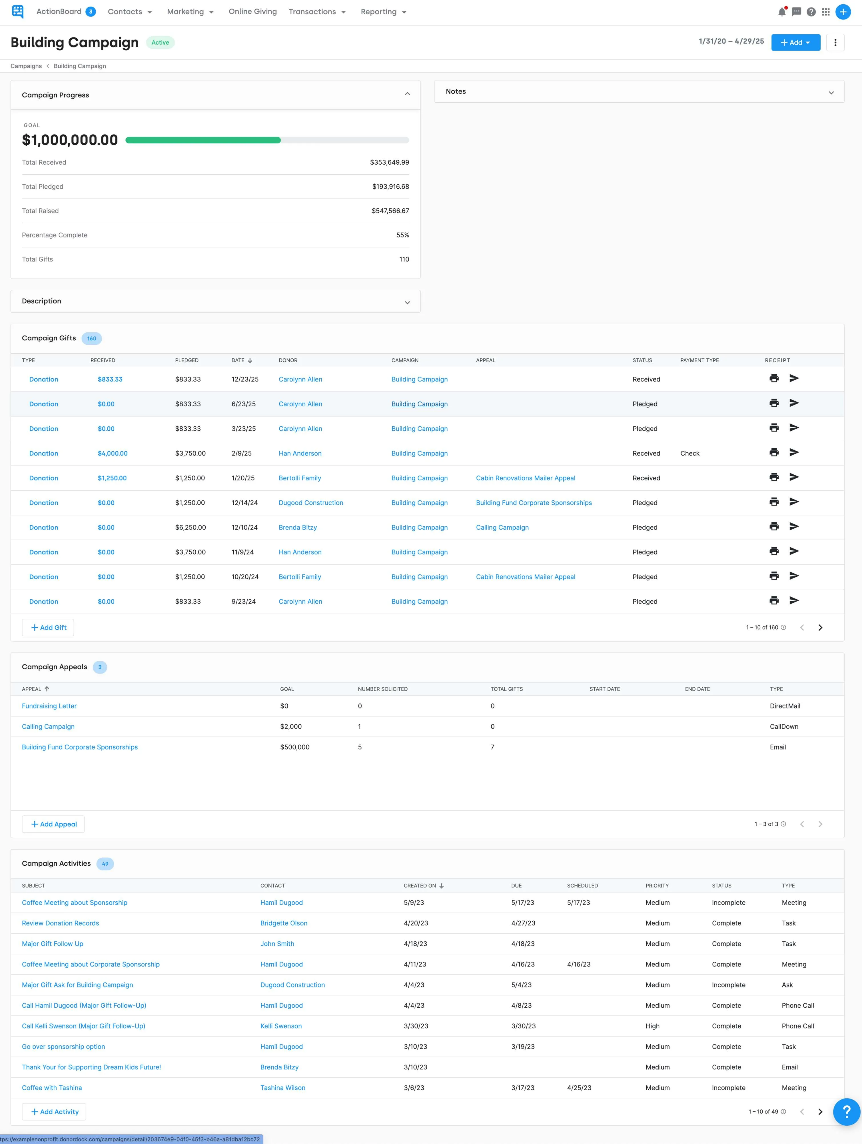 A campaign record in DonorDock with its goal progress bar, totals, and the appeals and gifts recorded underneath it.