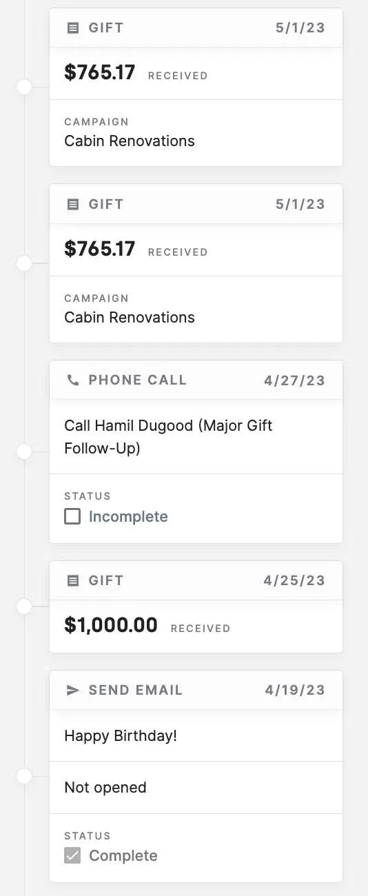 The Conversations inbox in DonorDock listing open text conversations in order of most recent message, each showing the contact, their number, and a preview of the last message.