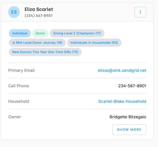 The contact summary card beside a text thread, showing the donor's badges, email, cell phone, household, and record owner.
