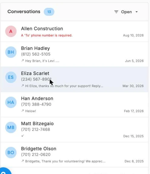 The Conversations inbox in DonorDock listing open text conversations in order of most recent message, each showing the contact, their number, and a preview of the last message.