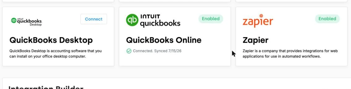 The QuickBooks Desktop, QuickBooks Online, and Zapier integration cards in DonorDock, with QuickBooks Online marked Enabled and Connected with its last sync date.