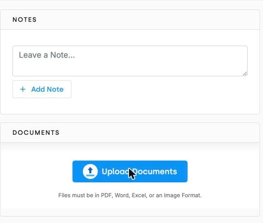 The Notes and Documents panels sitting together on a DonorDock record, so written context and attached files live in the same place.