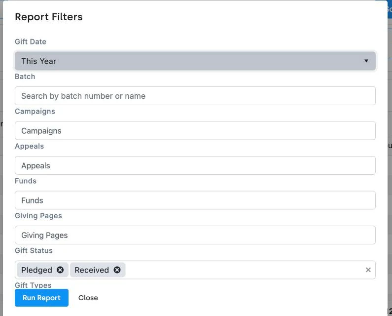 A DonorDock gift record header showing its status and two gift tags attached to the donation as chips.