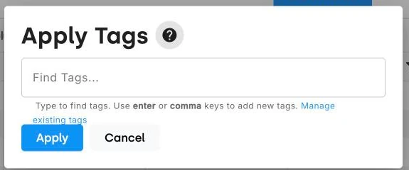 The Apply Tags dialog in DonorDock, where you find existing tags or type a new one to apply across a whole set of gifts at once.