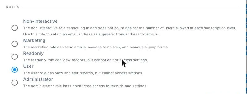The role picker in DonorDock's Invite User dialog, listing Non-Interactive, Marketing, Readonly, User, and Administrator with a plain description of what each one can reach.