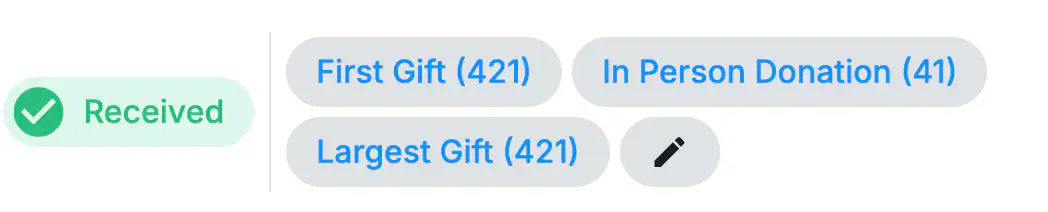 A DonorDock gift record header showing its status and two gift tags attached to the donation as chips.