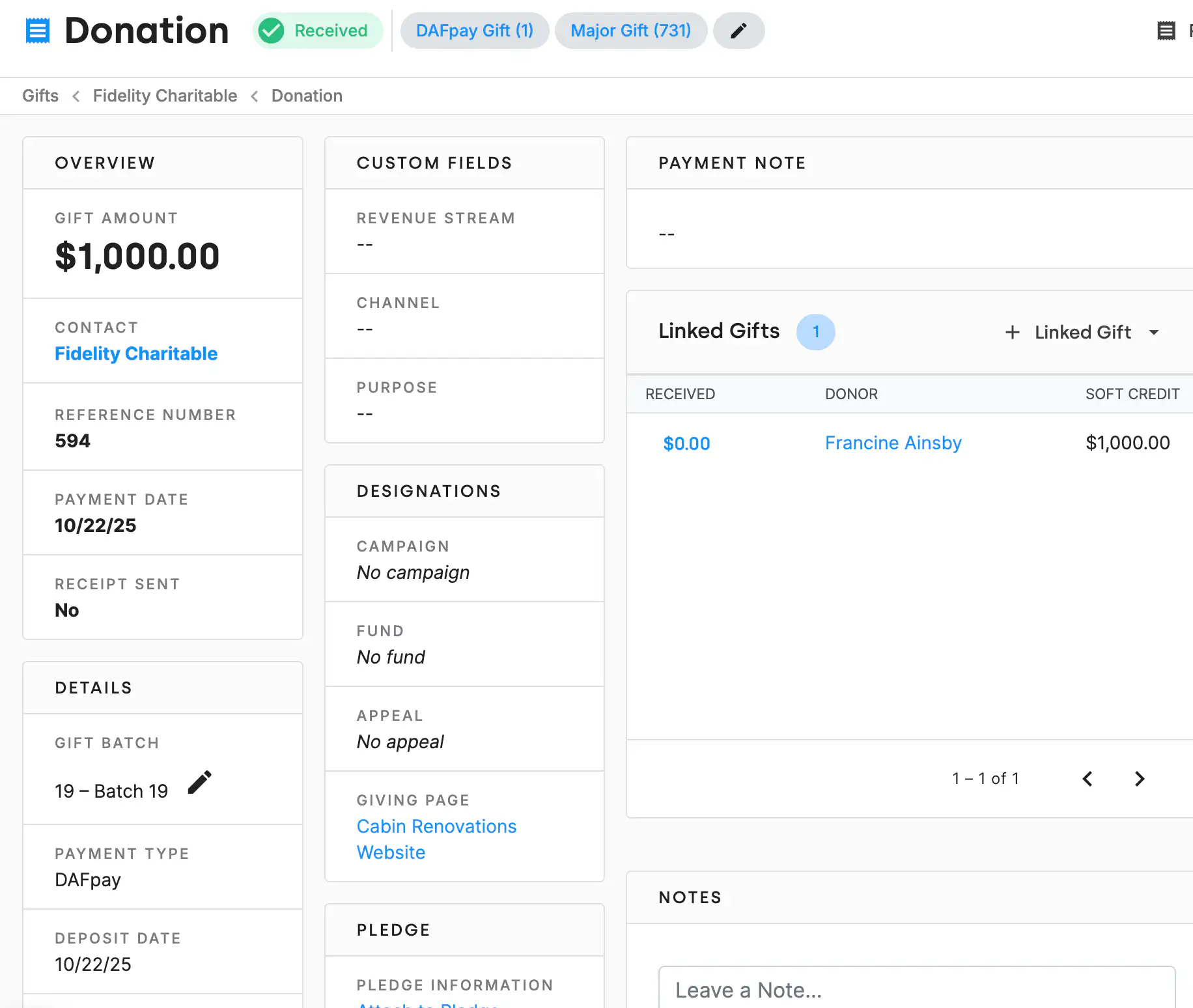 The Gift Details section of a DonorDock gift form, with the Soft-Credit Amount field sitting directly below Fee Amount, alongside Received Amount, Non-Deductible Amount, payment type, and check details.