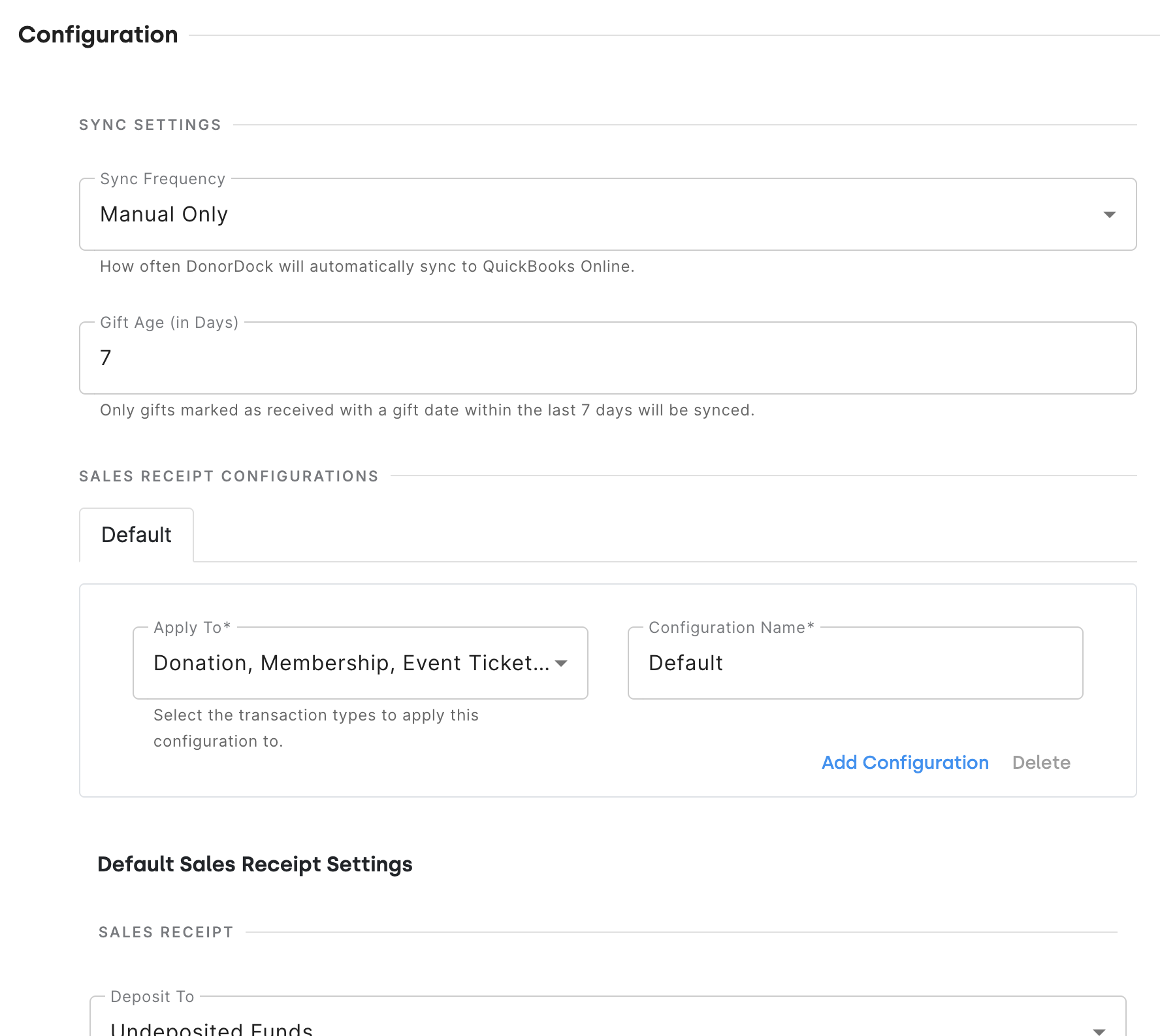 The DonorDock integrations screen showing QuickBooks Desktop available to connect, QuickBooks Online enabled and marked Connected with a recent sync date, Zapier enabled, and the Integration Builder panel below.