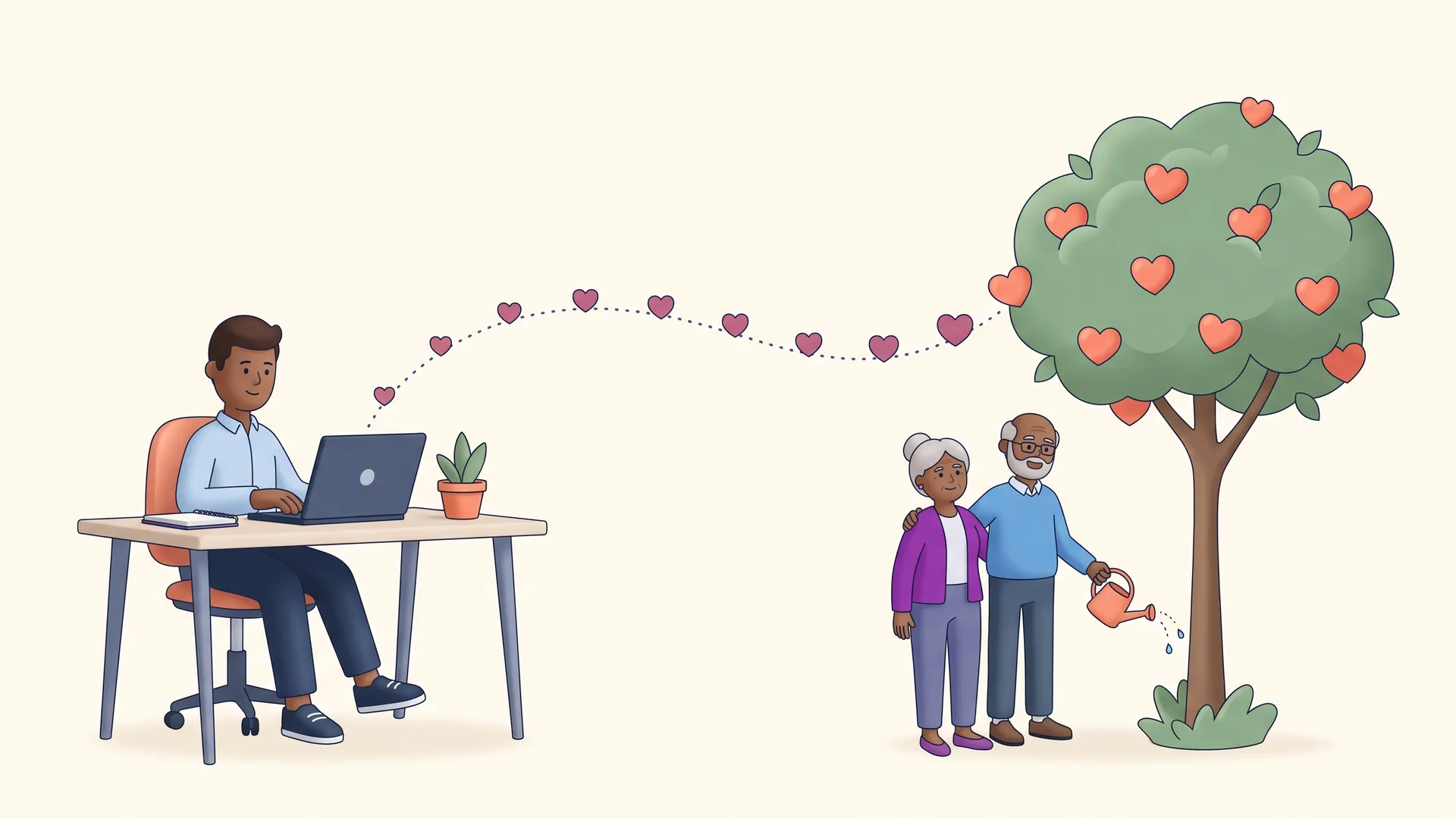 Illustration of a fundraiser tracking a donor's years of steady giving as it grows into a flourishing legacy gift tree tended by an older couple