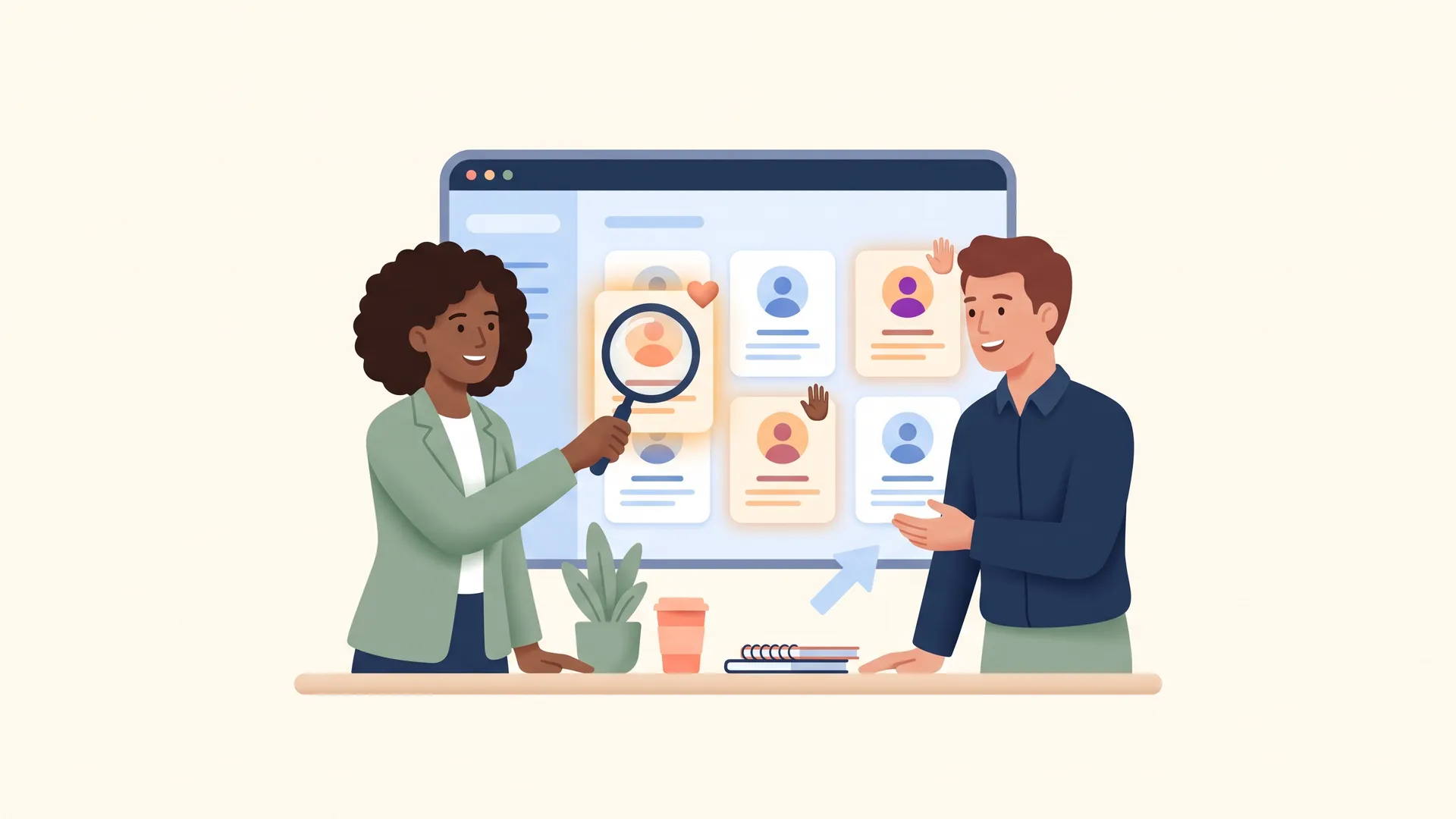 Illustration of two fundraisers using a magnifying glass on a donor database dashboard where loyal donor profile cards raise their hands