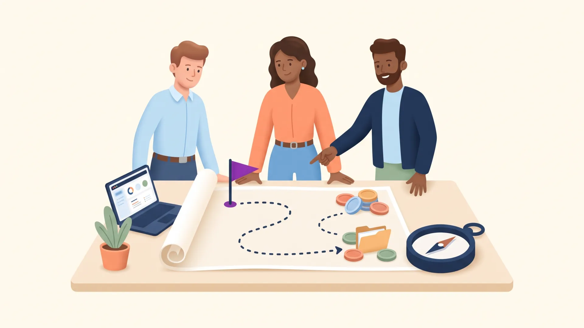 Three nonprofit team members studying a map where the path drifts away from the mission flag toward a pile of grant folders and coins, with a compass slightly off true