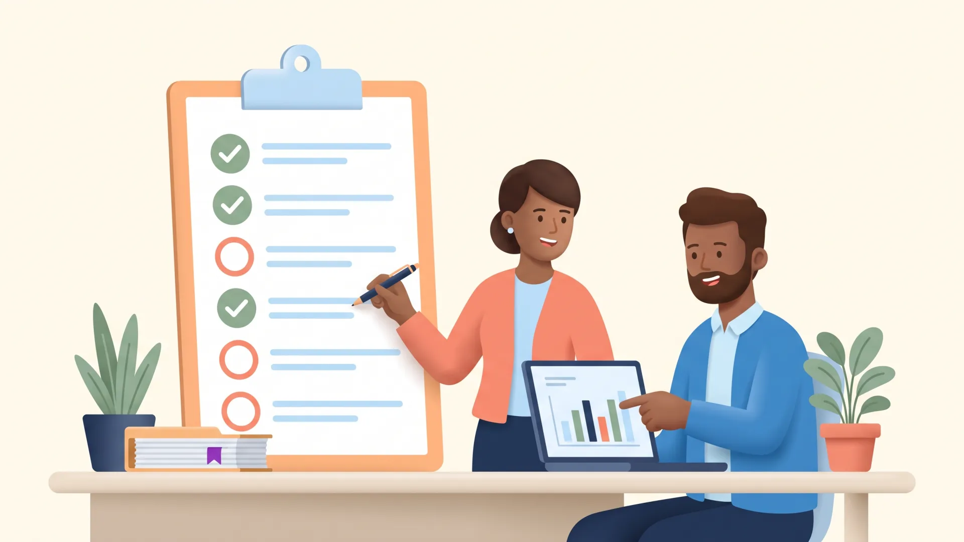 Two nonprofit professionals reviewing an oversized grant readiness checklist with green checks and open circles beside a laptop showing a bar chart