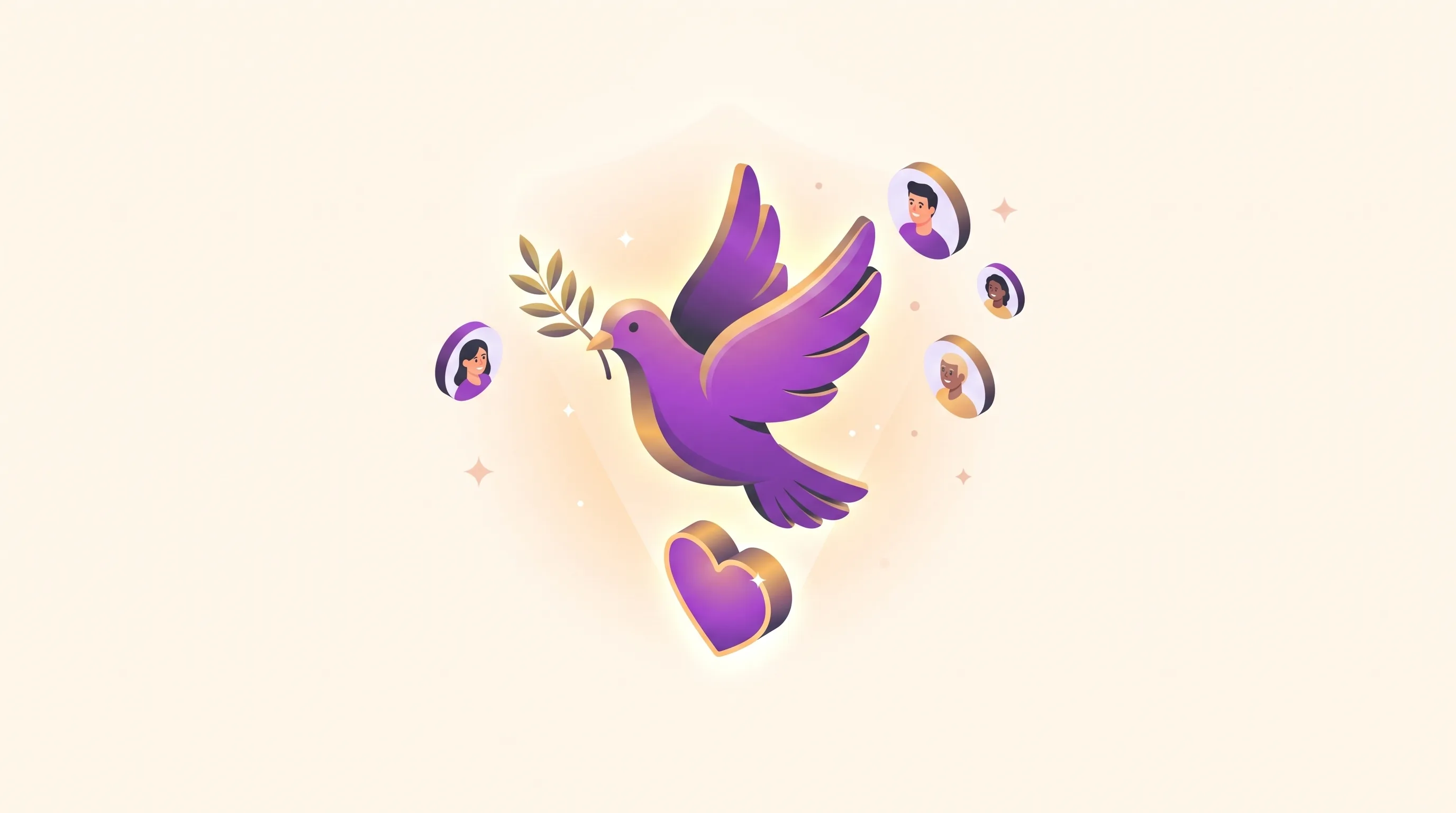 Illustration of a purple dove carrying an olive sprig above a glowing gold heart