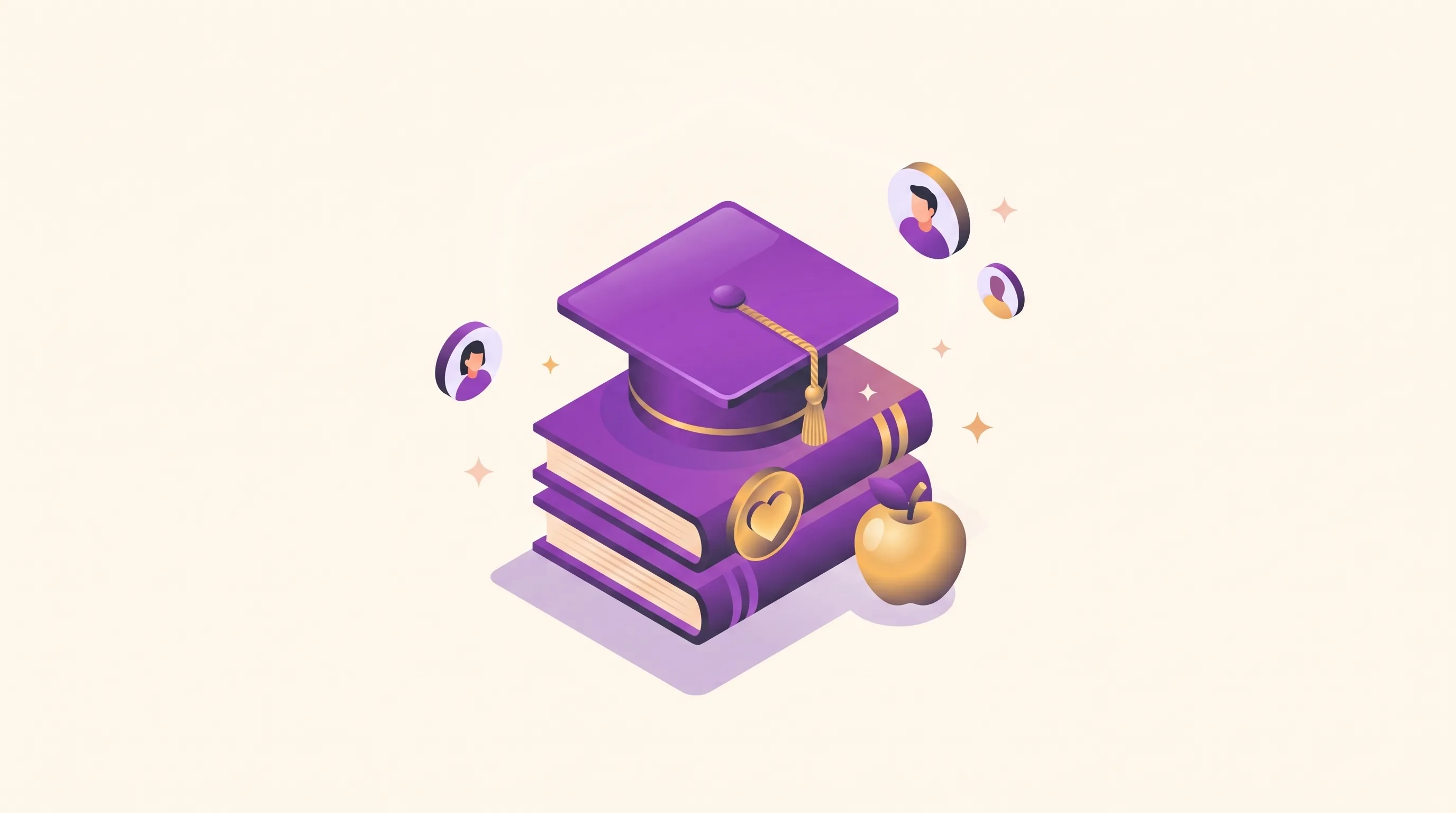 Illustration of a purple graduation cap on a stack of books beside a gold apple