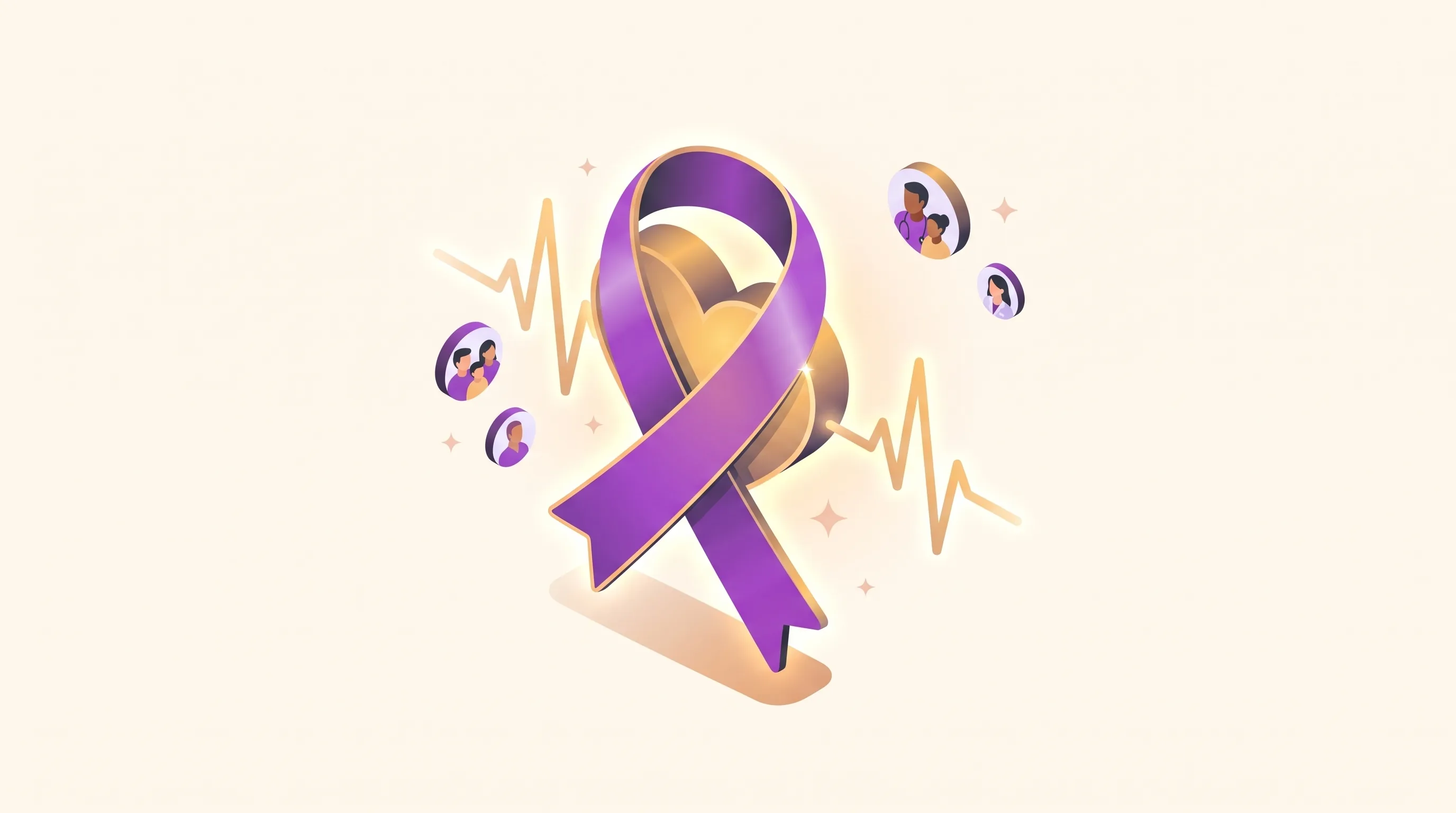 Illustration of a purple awareness ribbon wrapped around a glowing gold heart